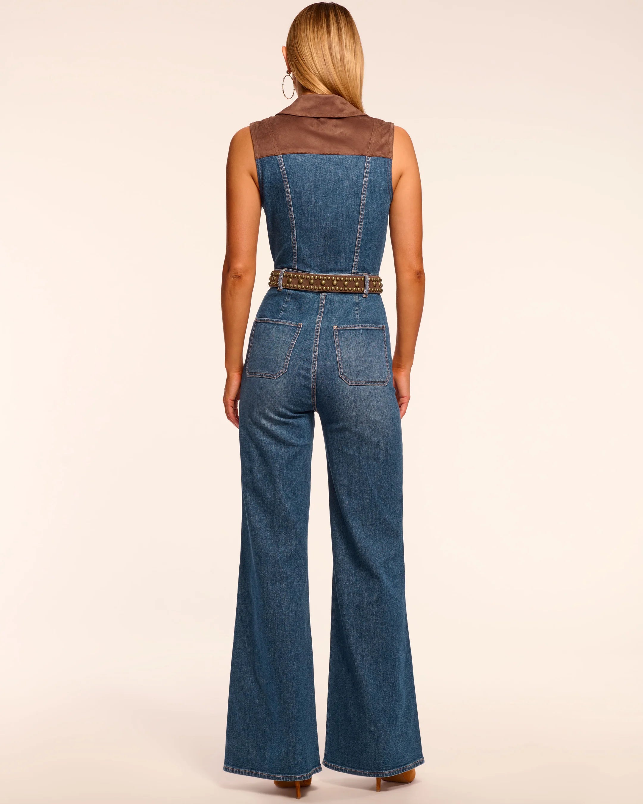 Ramy Brook Claudette Fauxe Suede Trim Denim Jumpsuit