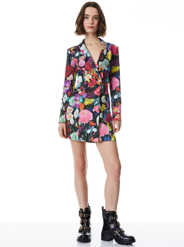 Alice + Olivia Latoya Feather Cuff Blazer Mini Dress, 6 / Black