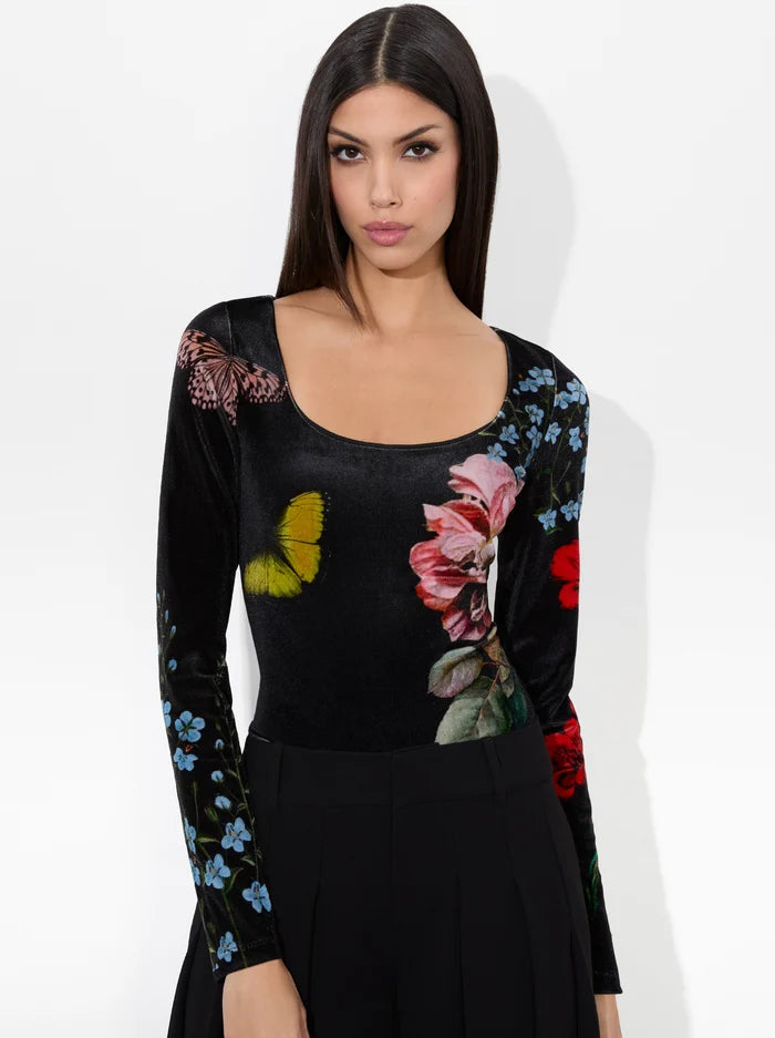 Alice and Olivia Delaina Scoop Neck Long Sleeve Velvet Top