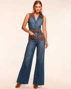 Ramy Brook Claudette Fauxe Suede Trim Denim Jumpsuit
