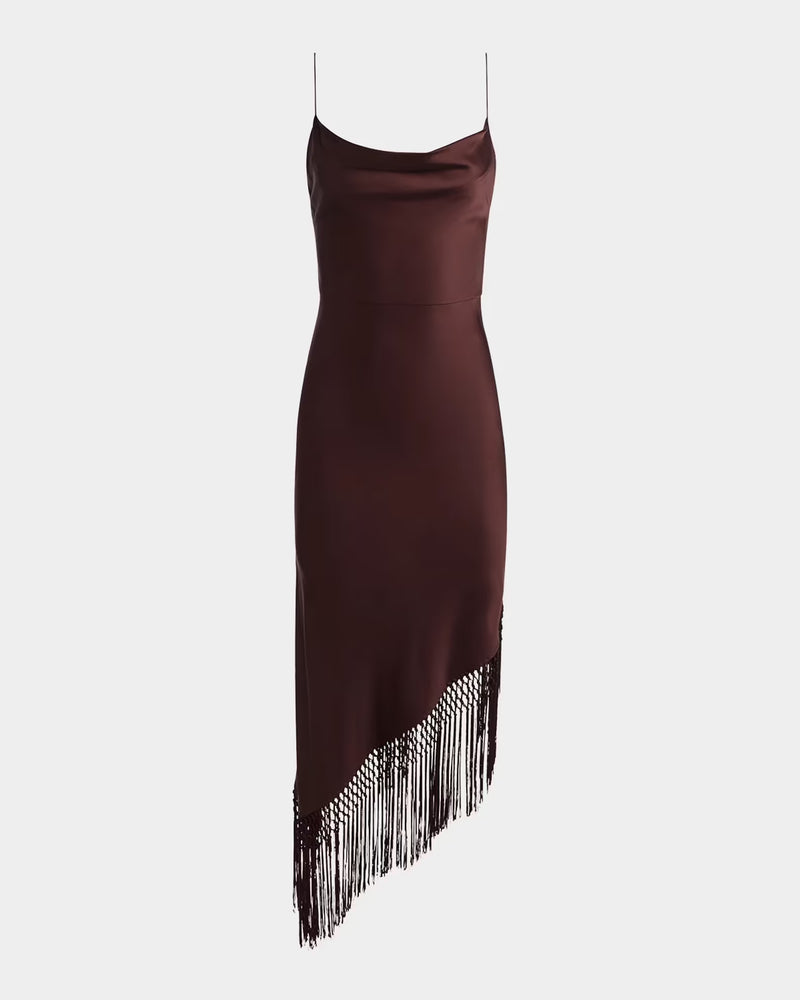 Alice and Olivia Harmony Drapey Slip Fringe Midi Dress
