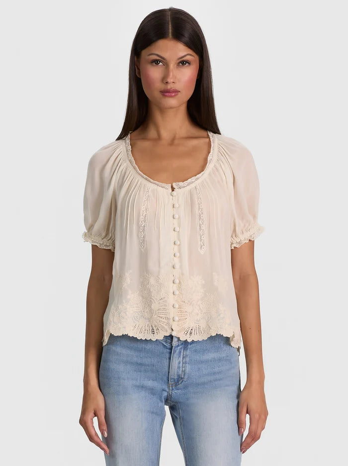 Alice and Olivia Odette Embroidered Puff Sleeve Top