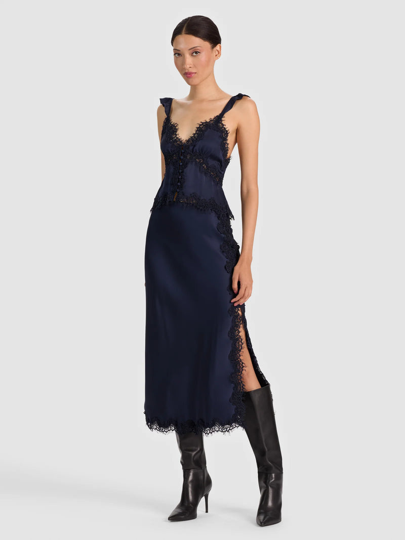 Alice and Olivia Mauve Midi Slip Skirt w/Lace Trim
