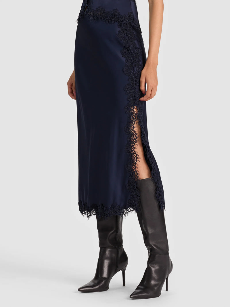 Alice and Olivia Mauve Midi Slip Skirt w/Lace Trim