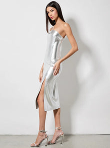 Alice and Olivia Kelly Shiny Vegan Leather Hi Slit Midi Dress