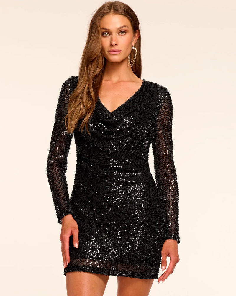 Ramy Brook Leon Beaded Sequin Cowl Neck Mini Dress