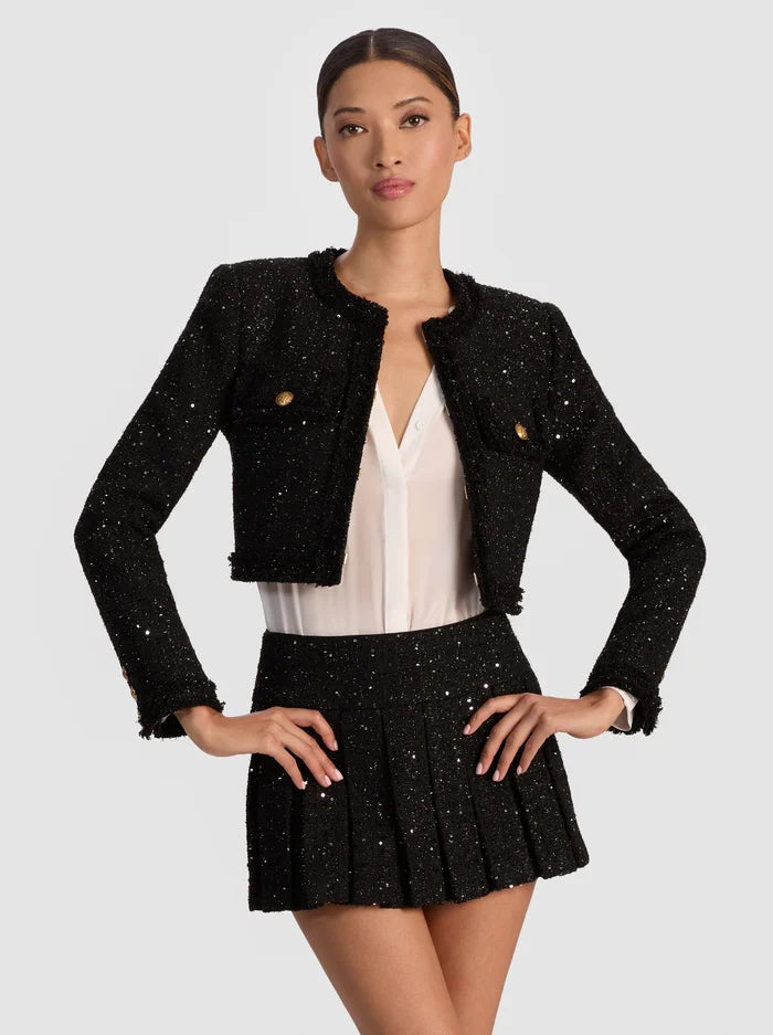 Alice and Olivia Dumont Tweed Embellished Boxy Jacket