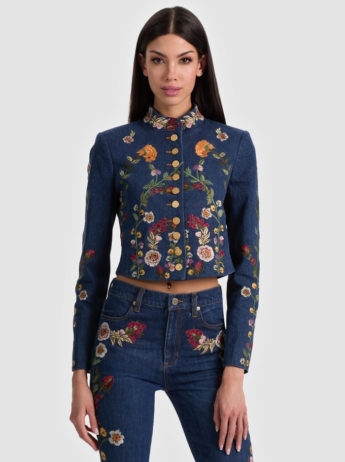 Alice and Olivia Emerson Embroidered Denim Military Jacket