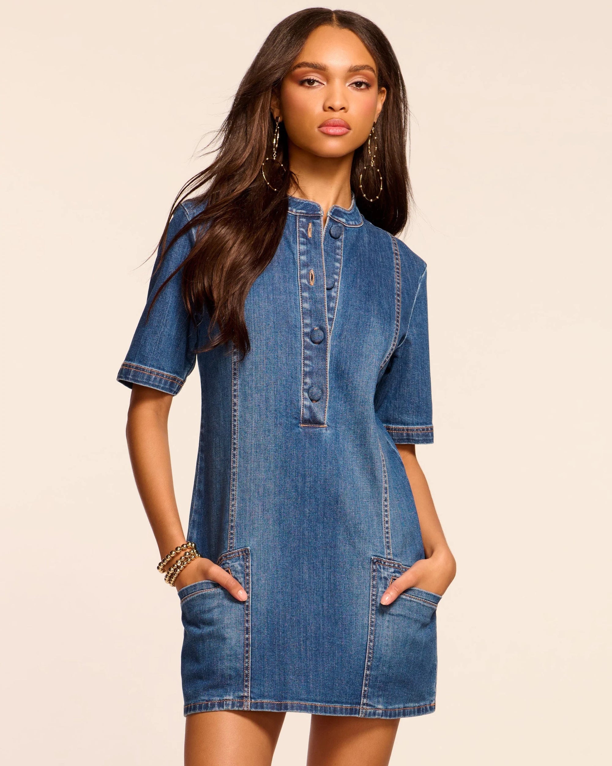 Ramy Brook Skylar Short Sleeve Denim Mini Dress in Medium Wash