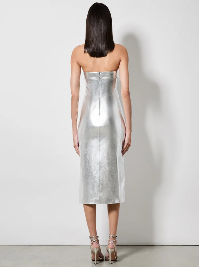 Alice and Olivia Kelly Shiny Vegan Leather Hi Slit Midi Dress