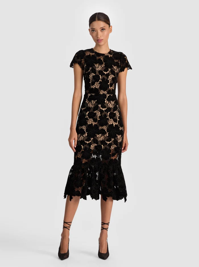 Alice and Olivia Clover Open Back Lace Midi Dress