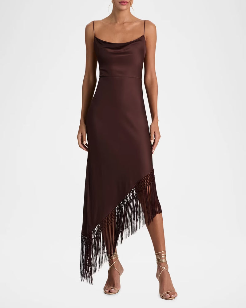 Alice and Olivia Harmony Drapey Slip Fringe Midi Dress