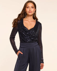 Ramy Brook Leon Beaded Sequin Cowl Neck Top