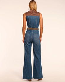 Ramy Brook Claudette Fauxe Suede Trim Denim Jumpsuit