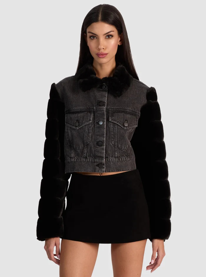Alice and Olivia Jeff Cropped Faux Fur Denim Jacket