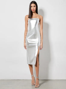 Alice and Olivia Kelly Shiny Vegan Leather Hi Slit Midi Dress