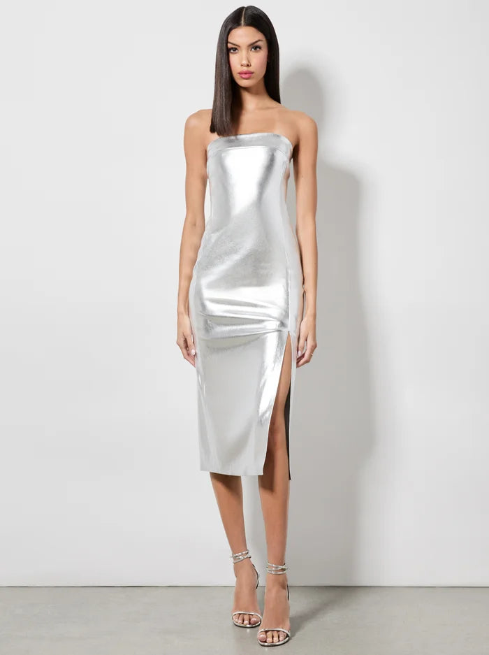 Alice and Olivia Kelly Shiny Vegan Leather Hi Slit Midi Dress