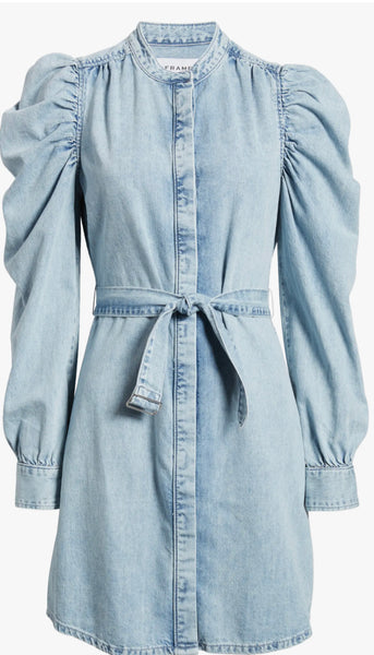 Frame Gillian Belted Puff Shoulder Long Sleeve Denim Dress