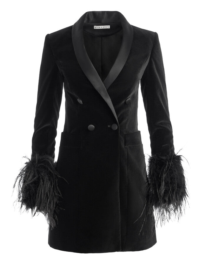 Alice + Olivia Latoya Feather Cuff Blazer Mini Dress, 6 / Black