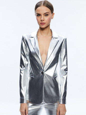 Alice and Olivia Macey Metallic Vegan Leather Fitted Blazer