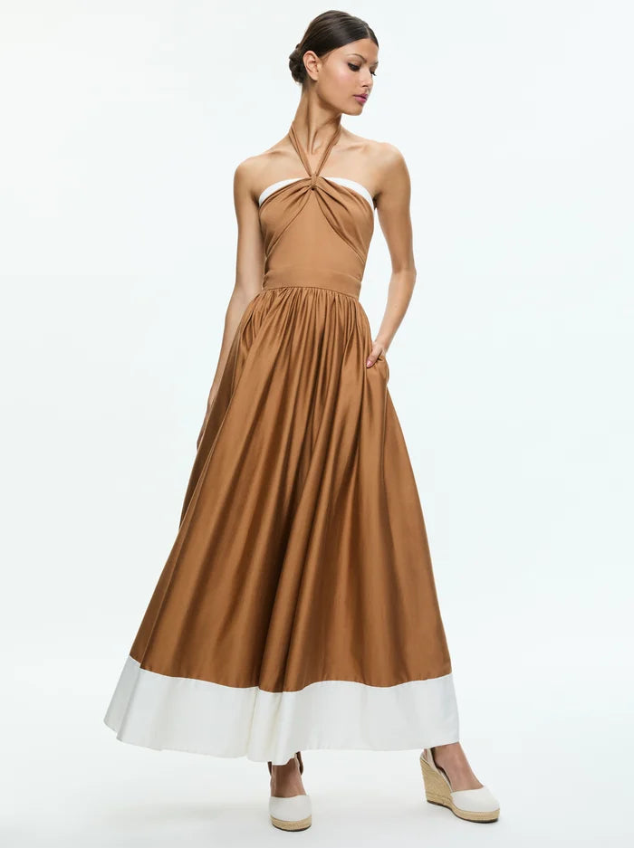 Alice and Olivia Beatrix Sweetheart Tie Neck Ankle Length Dress