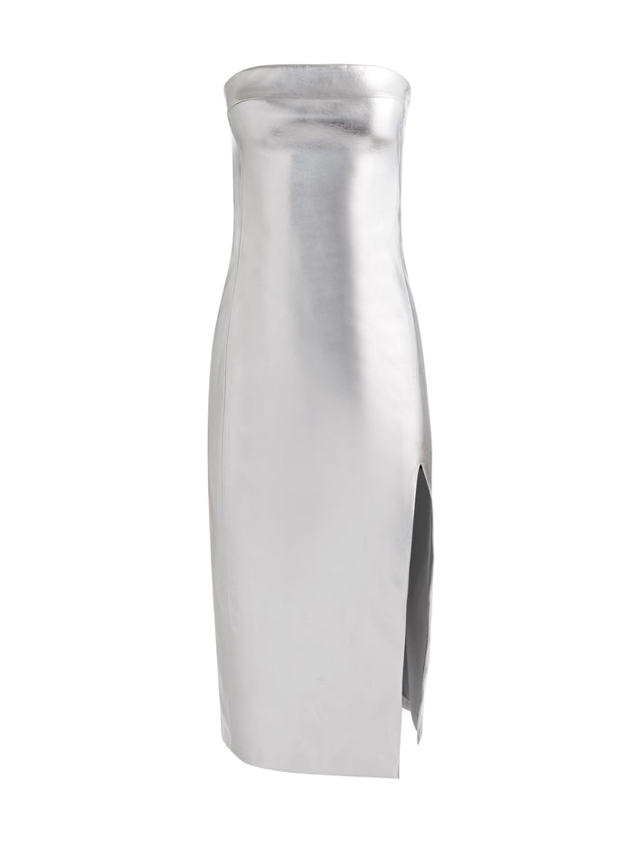 Alice and Olivia Kelly Shiny Vegan Leather Hi Slit Midi Dress