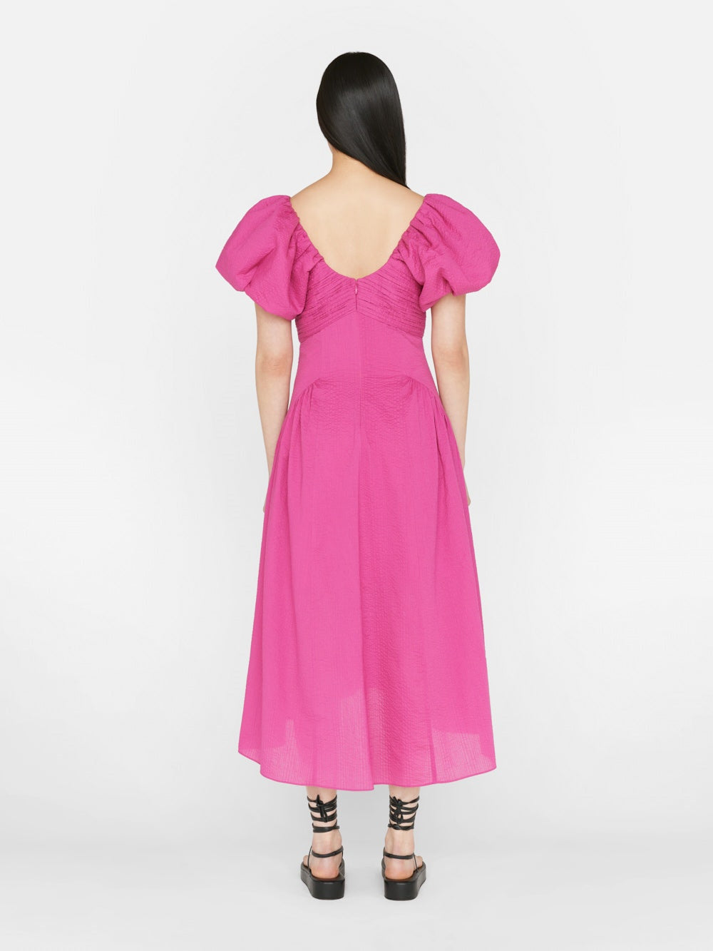 Frame Puff Sleeve Dress -Fuschia