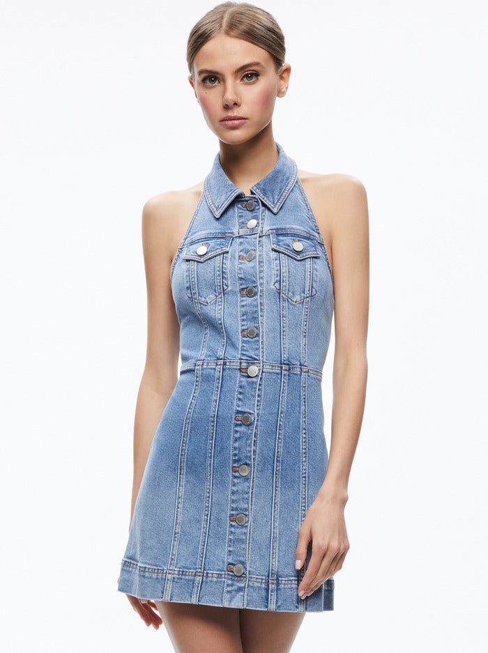 送料関税込【Alice+Olivia】デニム ホルターネック ミニワンピ Alice and Olivia Kendall Denim Halter Mini Dress – Lux Rox