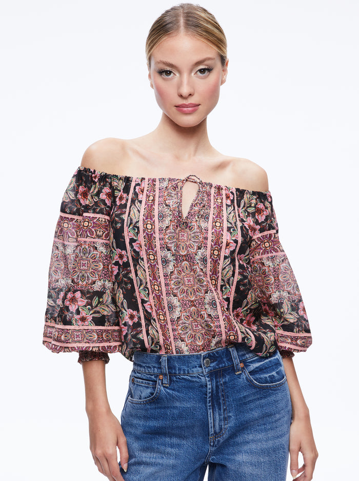 Alice & Olivia Alta Off The Shoulder w/Blousy Sleeve Top - Canopy Tile