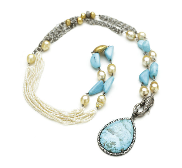 Hayley Pearl Turquoise Snake Clasp & Turquoise Diamond Pendant