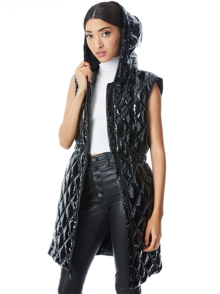 Alice & Olivia Daniel Maxi puffer vest w hood - black