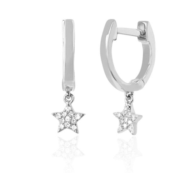 Ef Collection 14 k white gold mini huggie w diamond star drop earrings