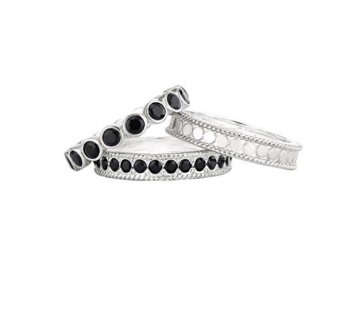 Anna Beck Black Onyx Pave Stacking Rings SIlver set of 3