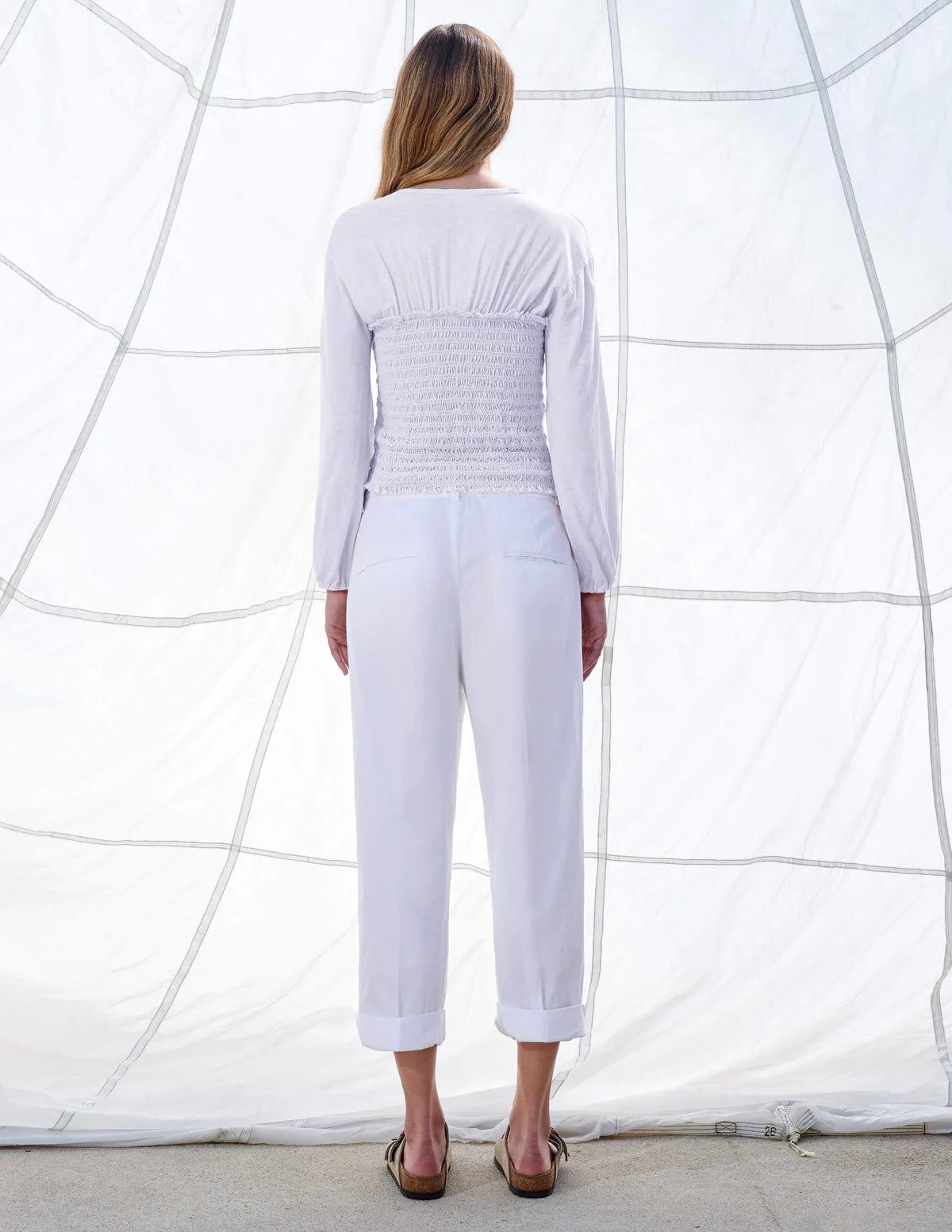 Sundry SMOCKED BODICE LONG SLEEVE- white