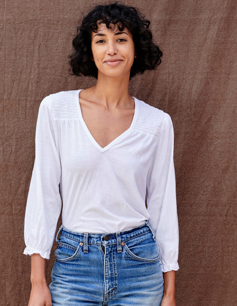 Sundry V-Neck Smocked Top - White