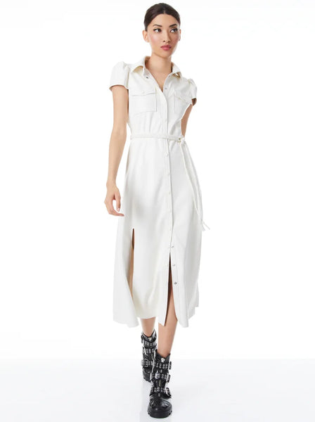 Alice & Olivia MIRANDA SHORT SLEEVE VEGAN LEATHER MIDI DRESS