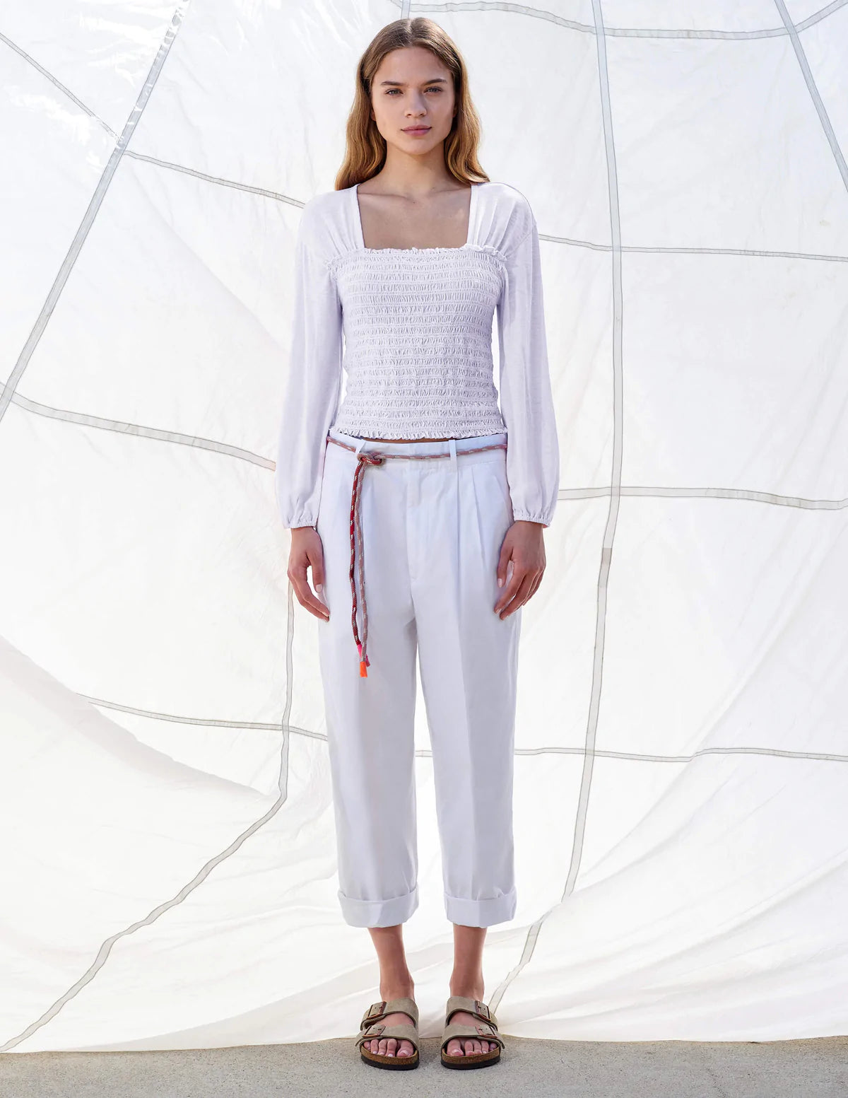 Sundry SMOCKED BODICE LONG SLEEVE- white