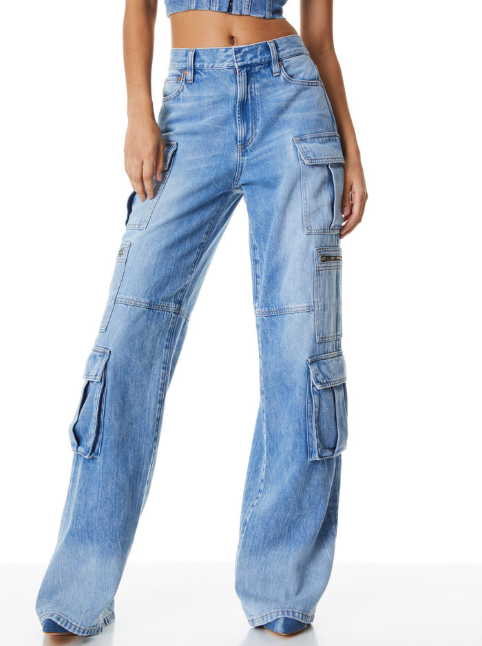 Alice and Olivia Cay Baggy Denim Cargo Pant - Brea blue