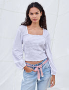 Sundry SMOCKED BODICE LONG SLEEVE- white