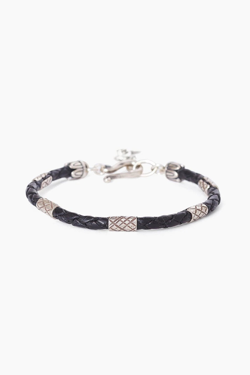 Silver and Black Leather Braid Bracelet
