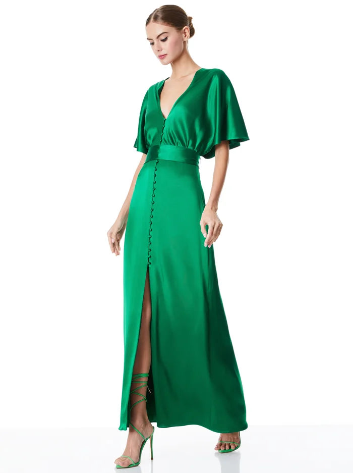 Alice & Olivia Davida Caftan Maxi Dress w/ Tie - Emerald