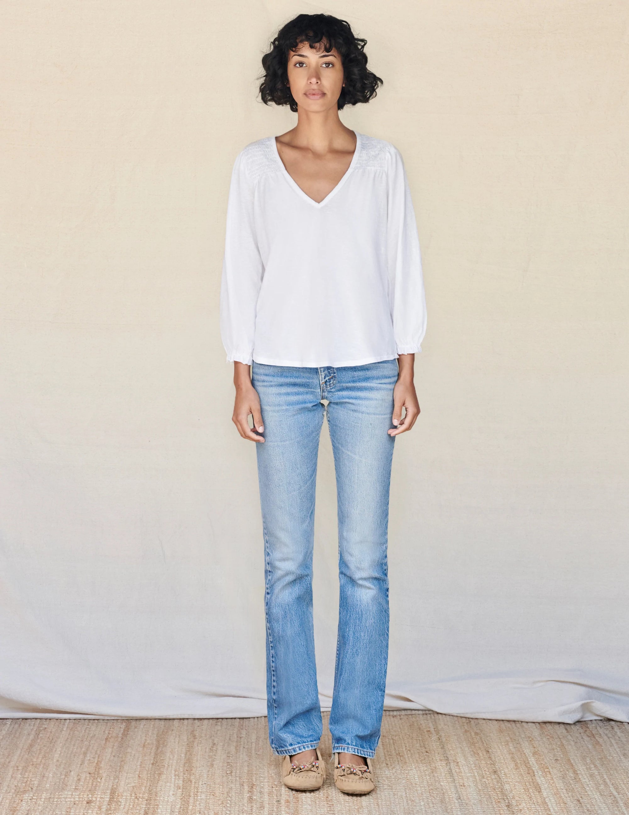 Sundry V-Neck Smocked Top - White