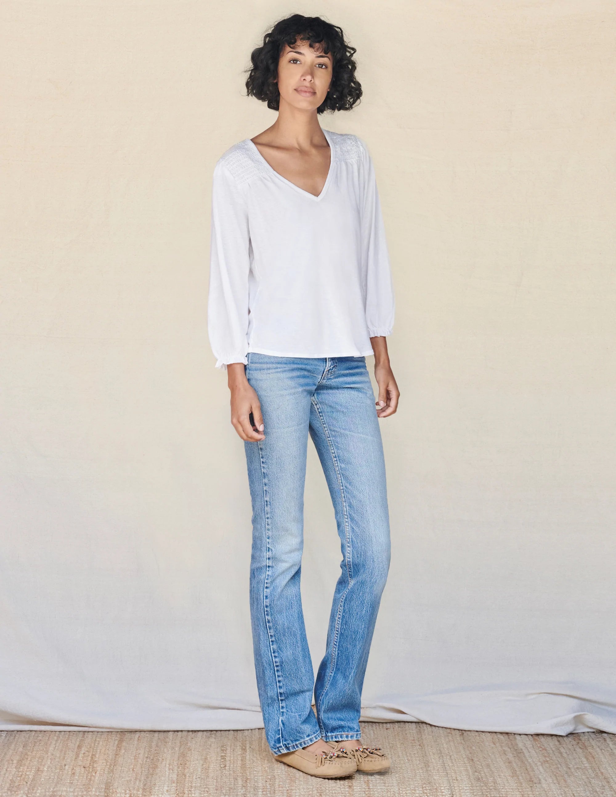 Sundry V-Neck Smocked Top - White